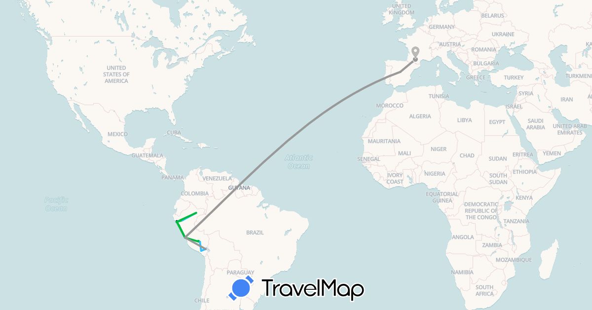 TravelMap itinerary: driving, bus, plane, boat in Spain, France, Peru (Europe, South America)